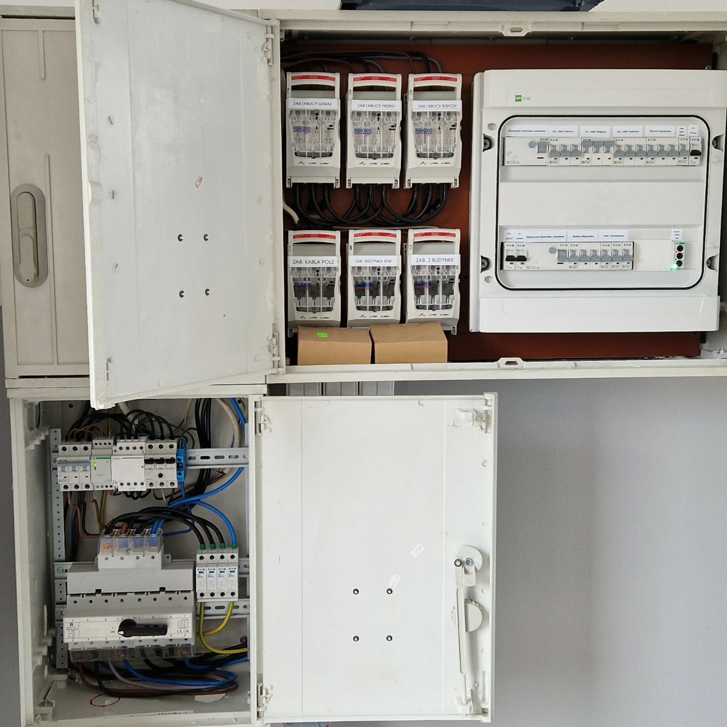 Otwarta rozdzielnica elektryczna z aparaturą modułową i okablowaniem